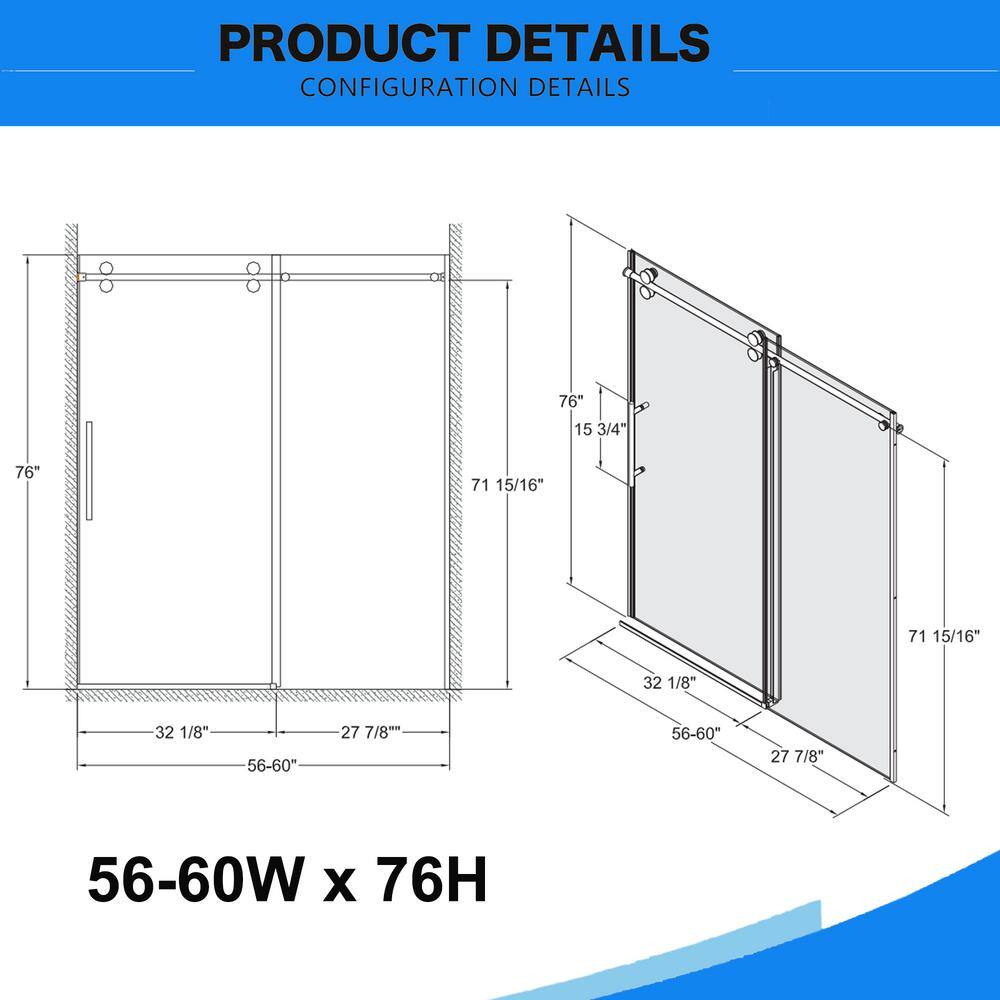 Boosicavelly 56-60 in. W x 76 in. H Sliding Frameless Shower Door in Chrome Finish with Clear Tempered Glass