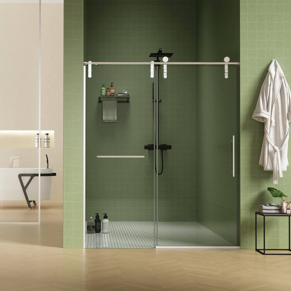 Boosicavelly 60 in. W x 77 in. H Double Sliding Frameless Shower Door in Brushed Nickel Finish with Clear Glass