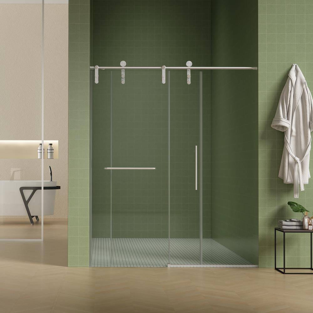 Boosicavelly 60 in. W x 77 in. H Double Sliding Frameless Shower Door in Brushed Nickel Finish with Clear Glass