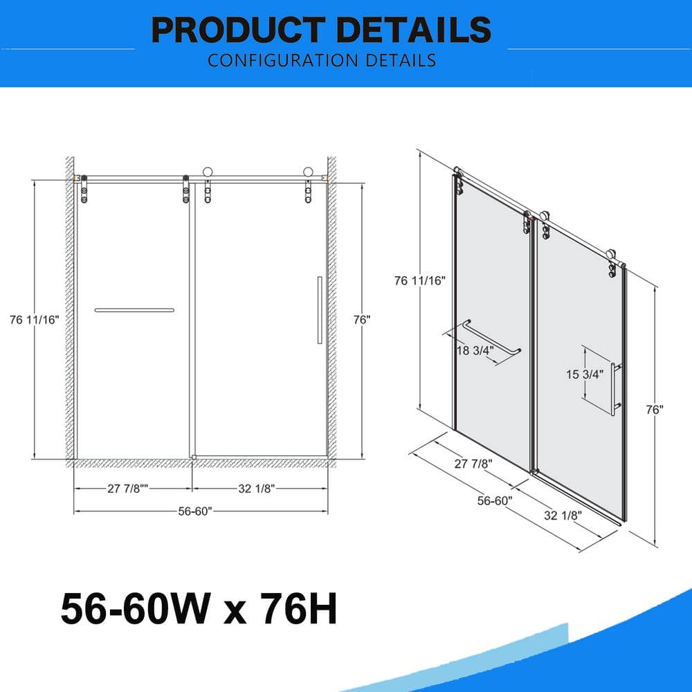Boosicavelly 60 in. W x 77 in. H Double Sliding Frameless Shower Door in Brushed Nickel Finish with Clear Glass