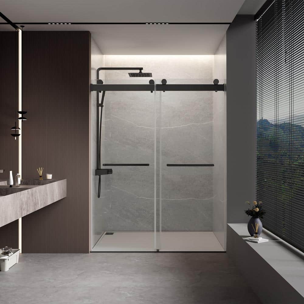 Boosicavelly 48 in. W x 76 in. H Double Sliding Frameless Shower Door in Matte Black Finish with Tempered Glass