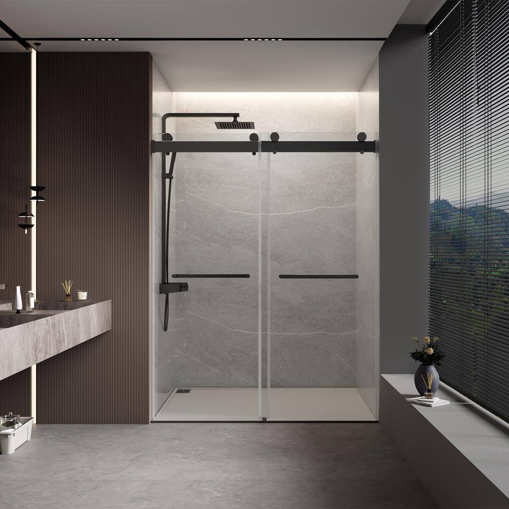 Boosicavelly 48 in. W x 76 in. H Double Sliding Frameless Shower Door in Matte Black Finish with Tempered Glass