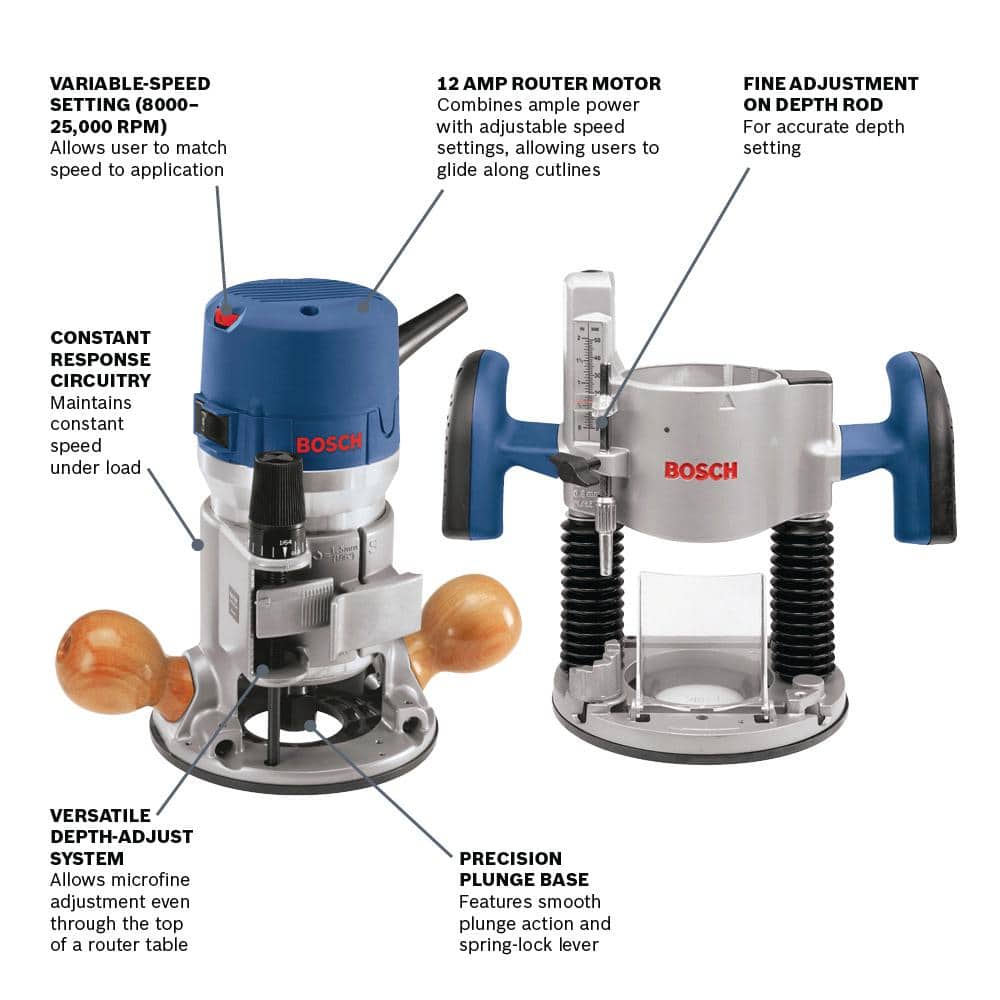 Bosch 12 Amp 2-1/4 Horse Power Corded Peak Variable Speed Plunge and Fixed Base Router Kit with Hard Case