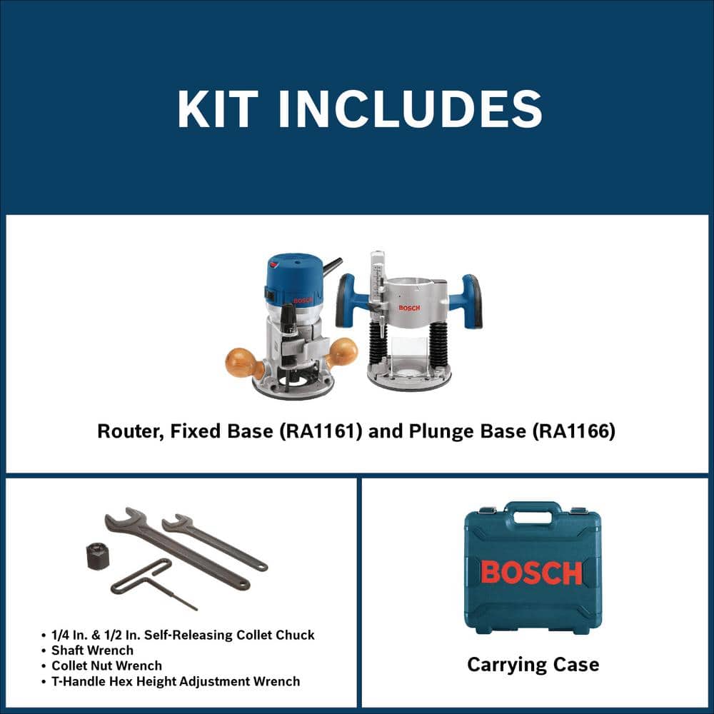 Bosch 12 Amp 2-1/4 Horse Power Corded Peak Variable Speed Plunge and Fixed Base Router Kit with Hard Case