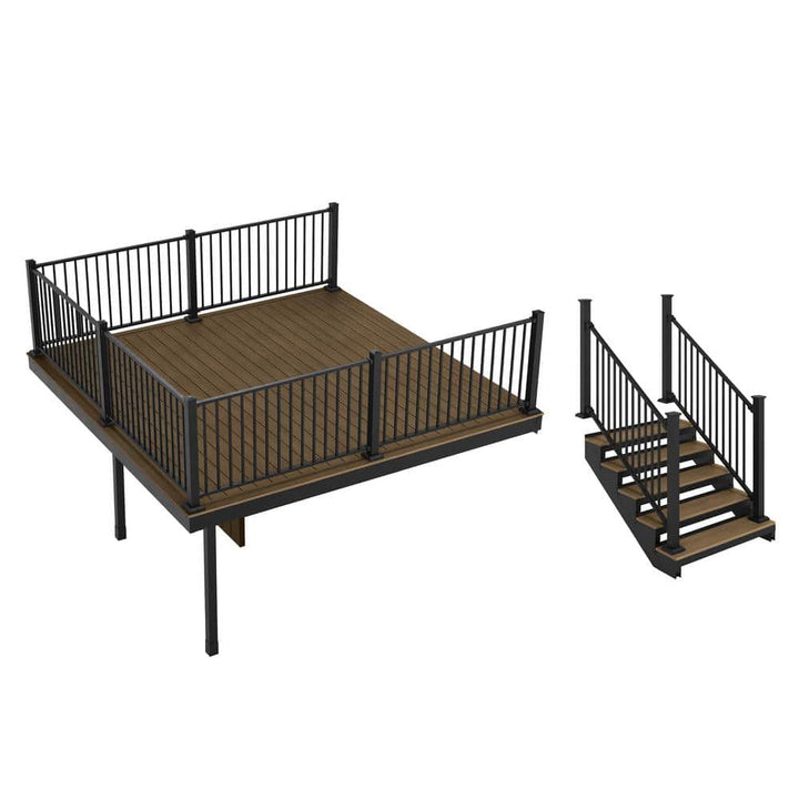 FORTRESS Apex Attached 12 ft. x 12 ft. Brazilian Teak PVC Deck Kit and 5-Step Stair Kit with Steel Framing and Aluminum Railing