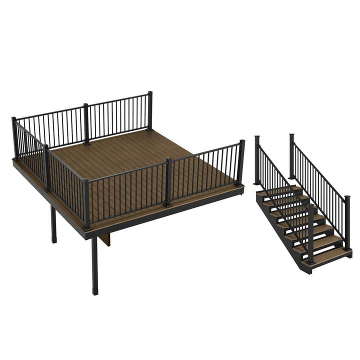 FORTRESS Apex Attached 12 ft. x 12 ft. Brazilian Teak PVC Deck Kit and 7-Step Stair Kit with Steel Framing and Aluminum Railing