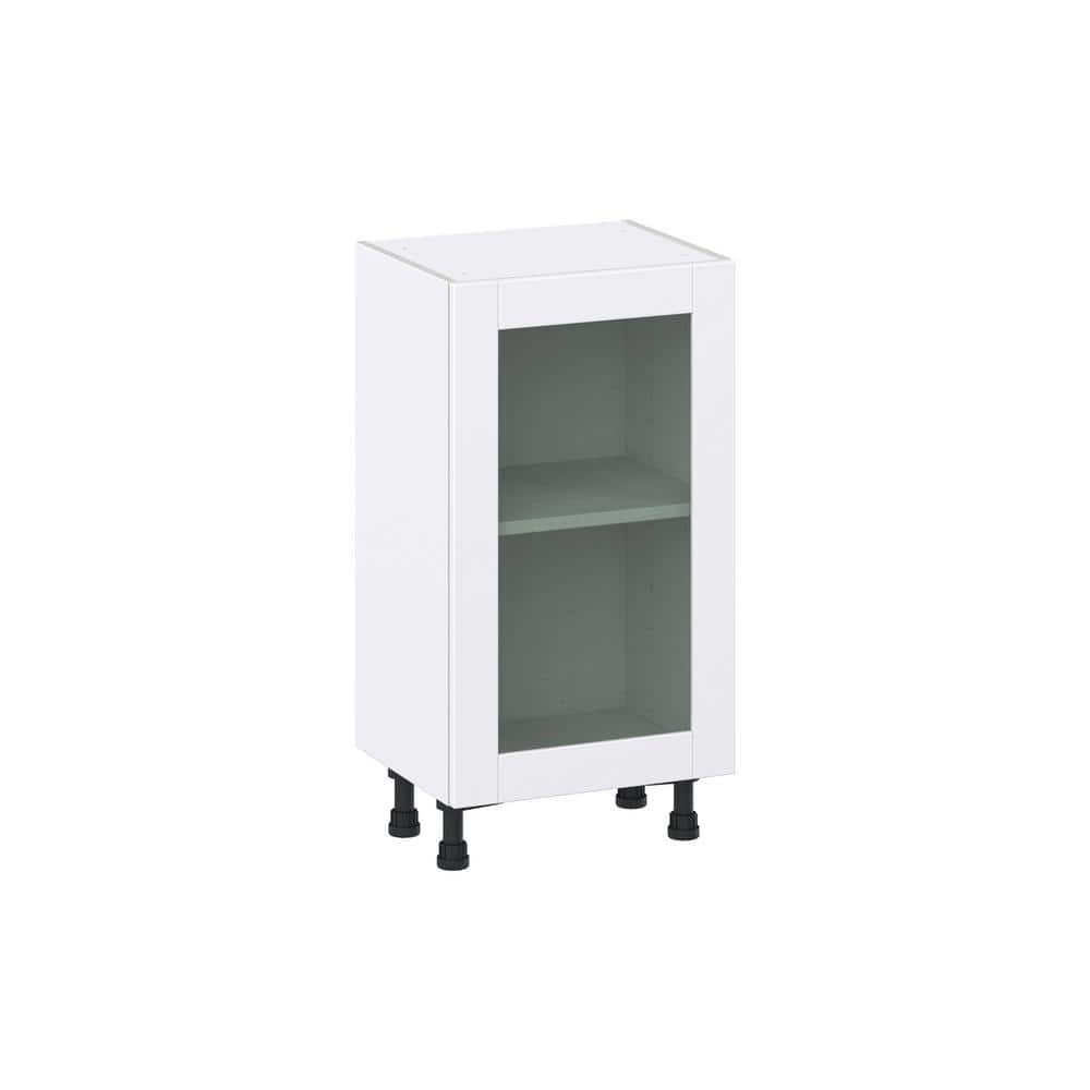 J COLLECTION Bright White Shaker Assembled Shallow Base Cabinet with Full Height Glass Door (18 in. W x 34.5 in. H x 14 in. D)