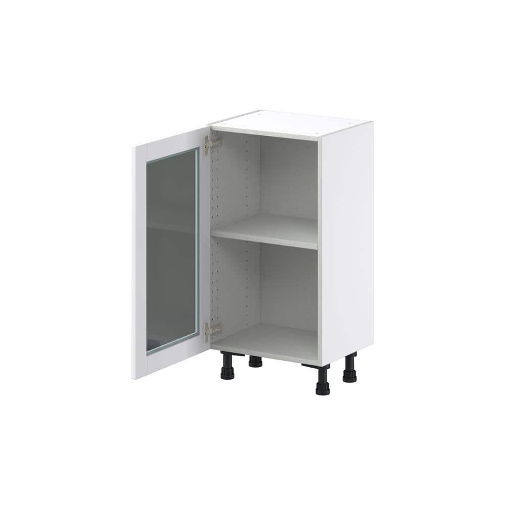 J COLLECTION Bright White Shaker Assembled Shallow Base Cabinet with Full Height Glass Door (18 in. W x 34.5 in. H x 14 in. D)