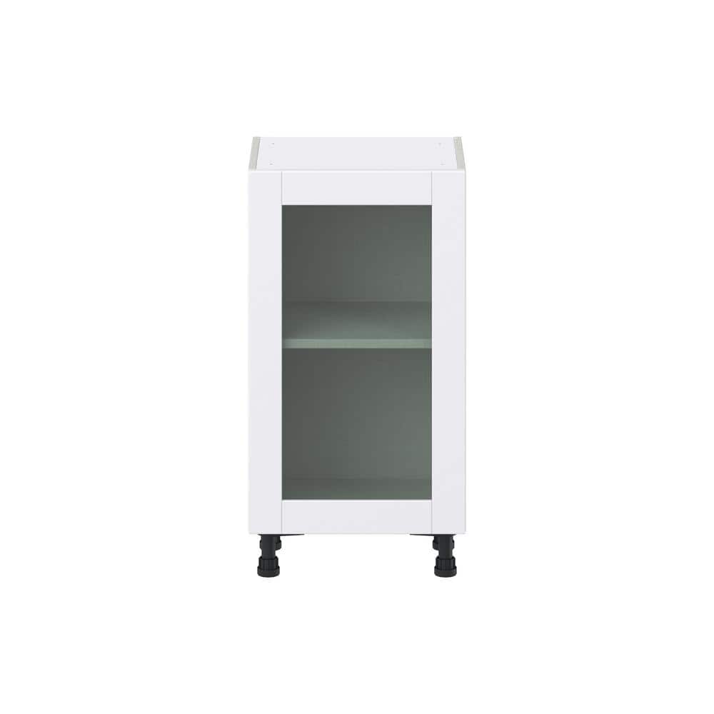 J COLLECTION Bright White Shaker Assembled Shallow Base Cabinet with Full Height Glass Door (18 in. W x 34.5 in. H x 14 in. D)