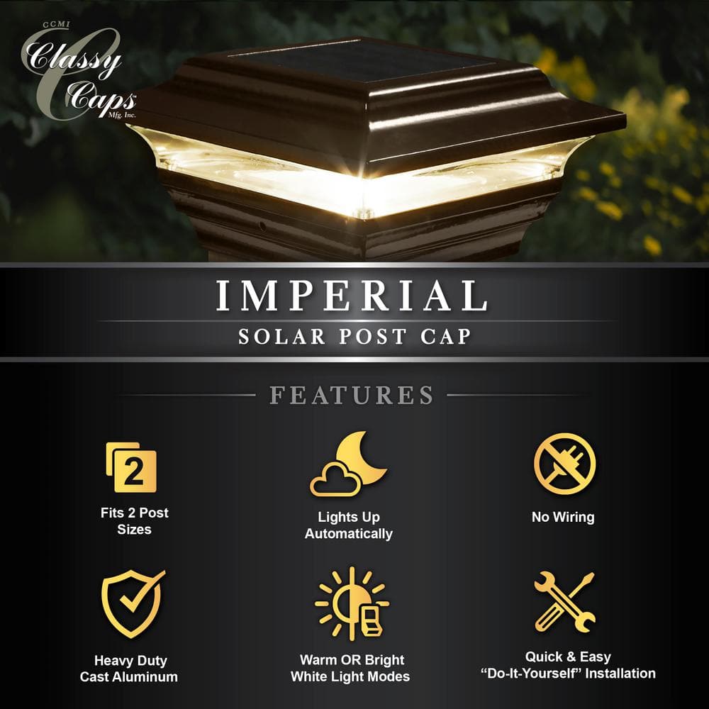 CLASSY CAPS Imperial 4 in. x 4 in. Outdoor Bronze Cast Aluminum LED Solar Post Cap (2-Pack)