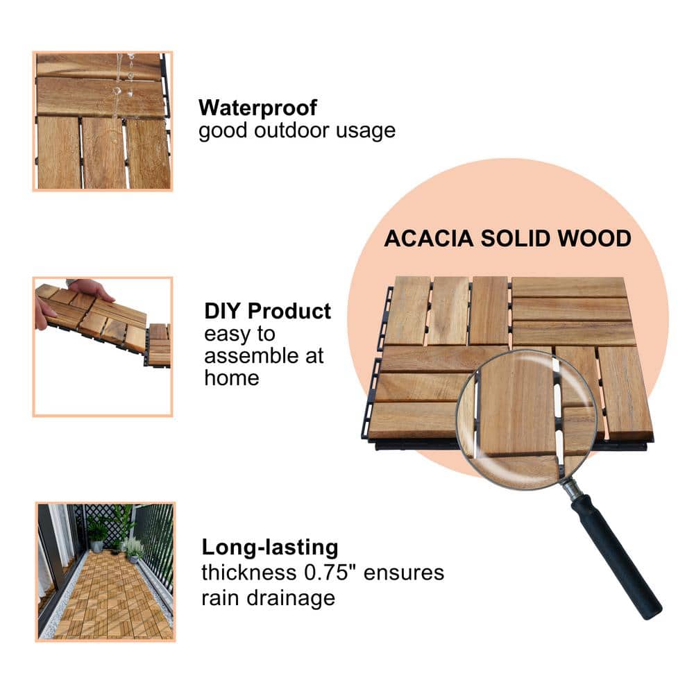 GOGEXX 12 in. x 12 in. Square Acacia Wood Interlocking Flooring Deck Tiles Checker Pattern Patio in Brown (Pack of 20 Tiles)