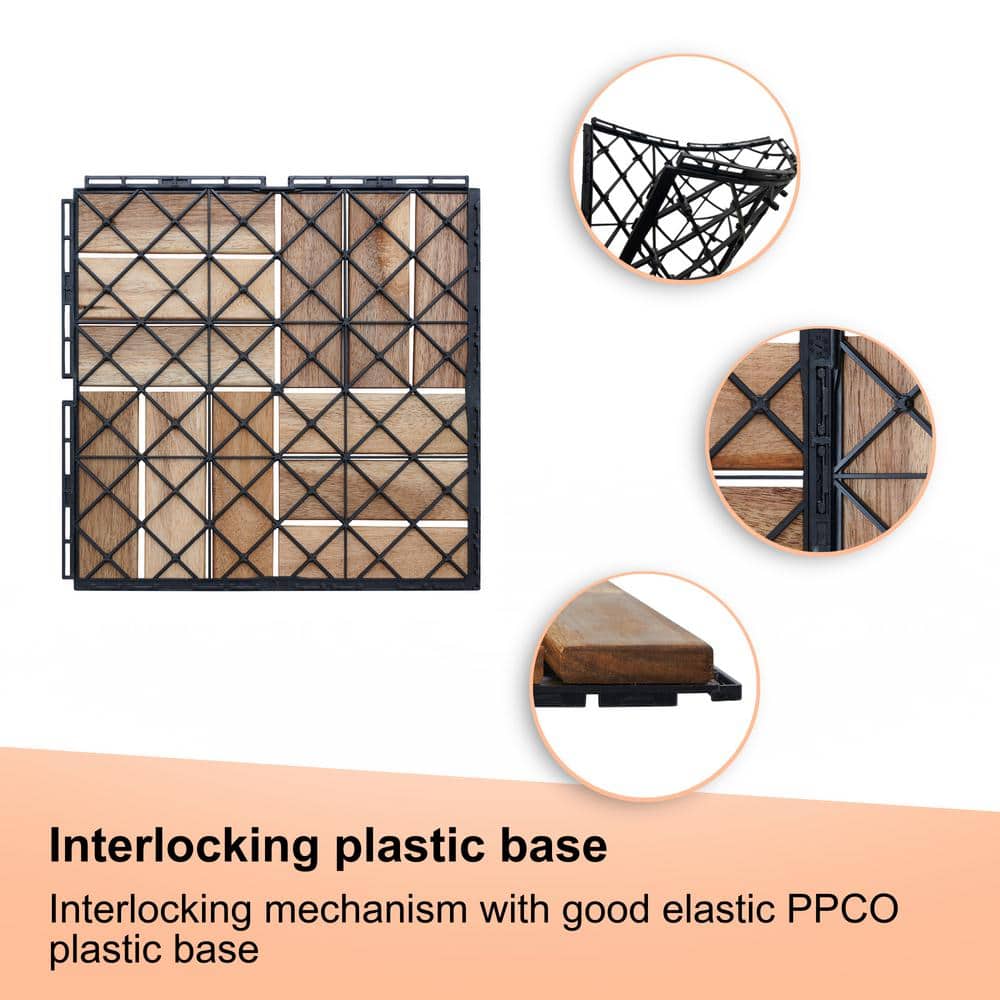 GOGEXX 12 in. x 12 in. Square Acacia Wood Interlocking Flooring Deck Tiles Checker Pattern Patio in Brown (Pack of 20 Tiles)