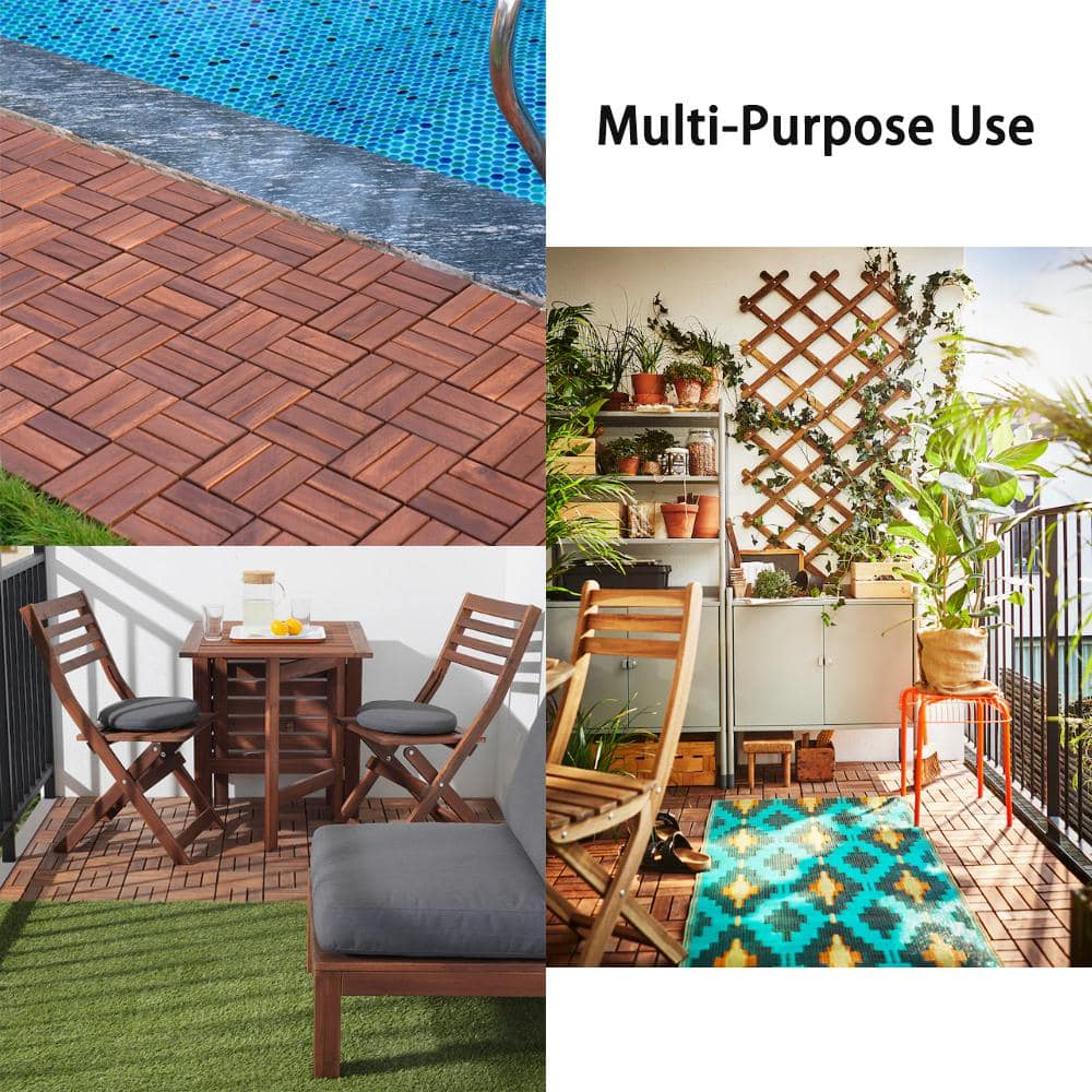 YOFE Brown Acacia Wood 3/4 in. T x 12 in. W Solid Hardwood Flooring Interlocking Deck Tiles - Checker Pattern(20 sqft/case)