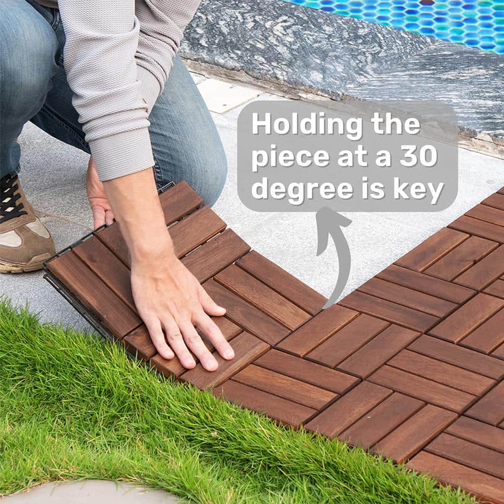 YOFE Brown Acacia Wood 3/4 in. T x 12 in. W Solid Hardwood Flooring Interlocking Deck Tiles - Checker Pattern(20 sqft/case)