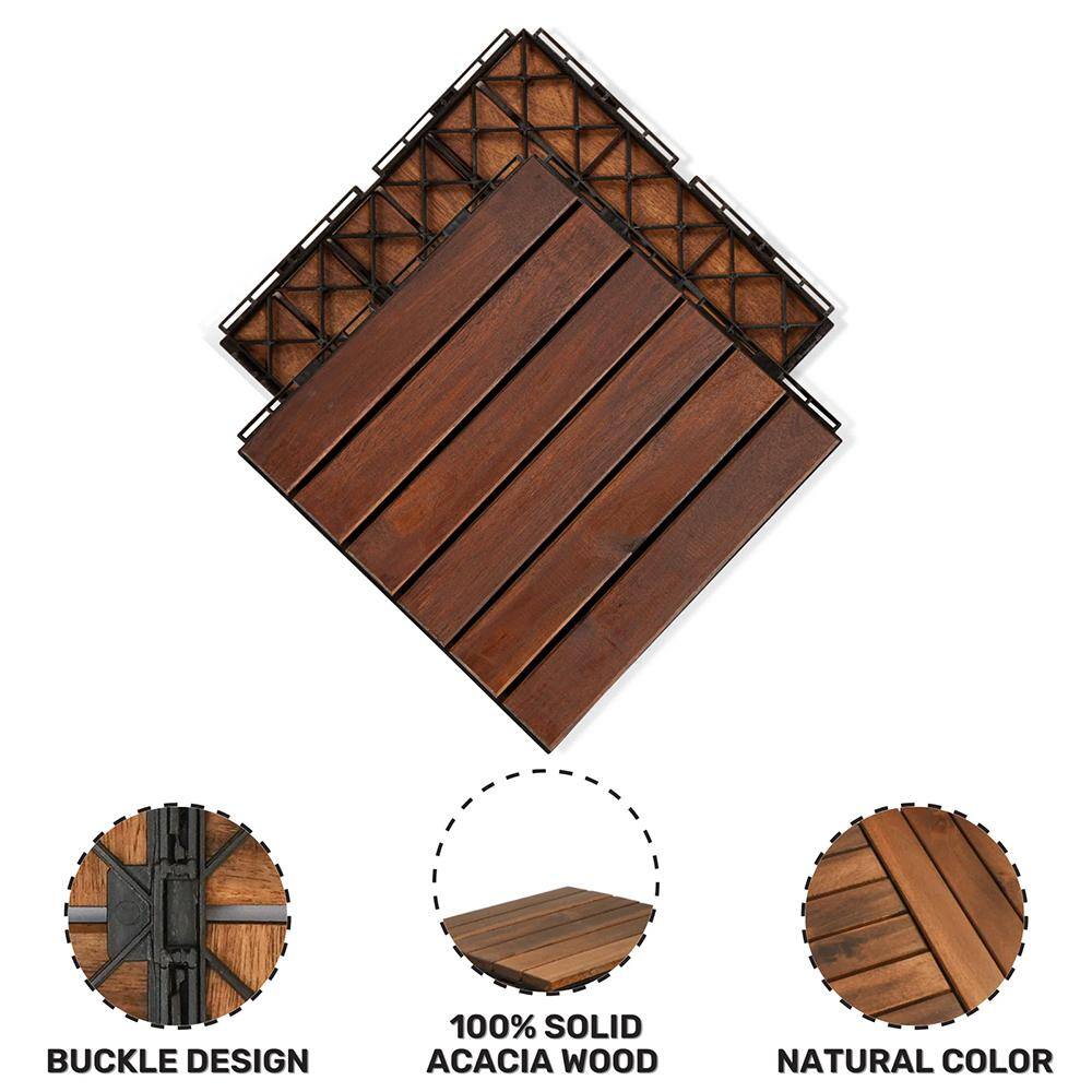YOFE Brown Acacia Wood 3/4 in. T x 12 in. W Solid Hardwood Flooring Interlocking Deck Tiles - Striped Pattern(20 sqft/case)