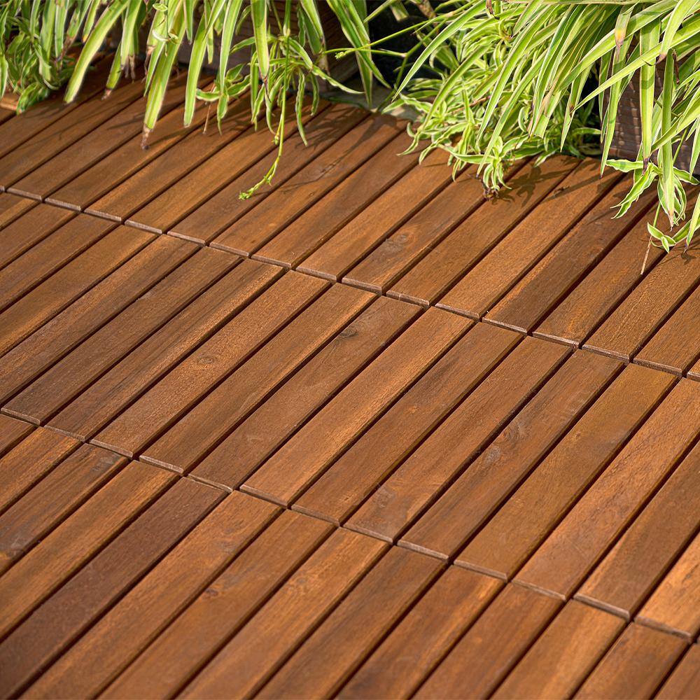 YOFE Brown Acacia Wood 3/4 in. T x 12 in. W Solid Hardwood Flooring Interlocking Deck Tiles - Striped Pattern(20 sqft/case)