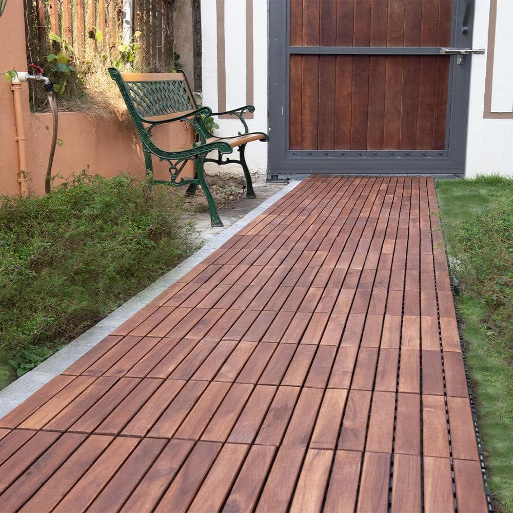 YOFE Brown Acacia Wood 3/4 in. T x 12 in. W Solid Hardwood Flooring Interlocking Deck Tiles - Striped Pattern(20 sqft/case)