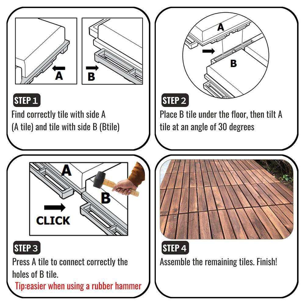 YOFE Brown Acacia Wood 3/4 in. T x 12 in. W Solid Hardwood Flooring Interlocking Deck Tiles - Striped Pattern(20 sqft/case)