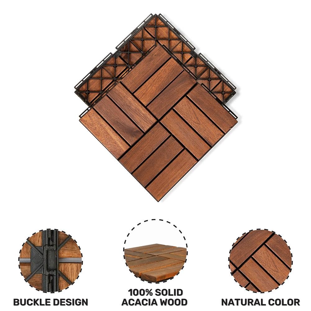 YOFE Brown Acacia Wood 3/4 in. T x 12 in. W Solid Hardwood Flooring Interlocking Deck Tiles - Checker Pattern(30 sqft/case)