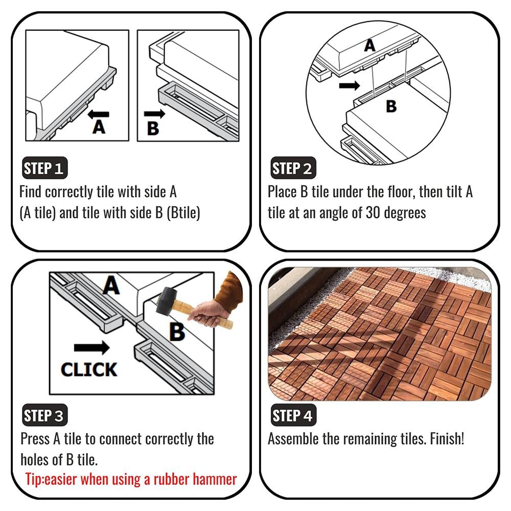 YOFE Brown Acacia Wood 3/4 in. T x 12 in. W Solid Hardwood Flooring Interlocking Deck Tiles - Checker Pattern(30 sqft/case)