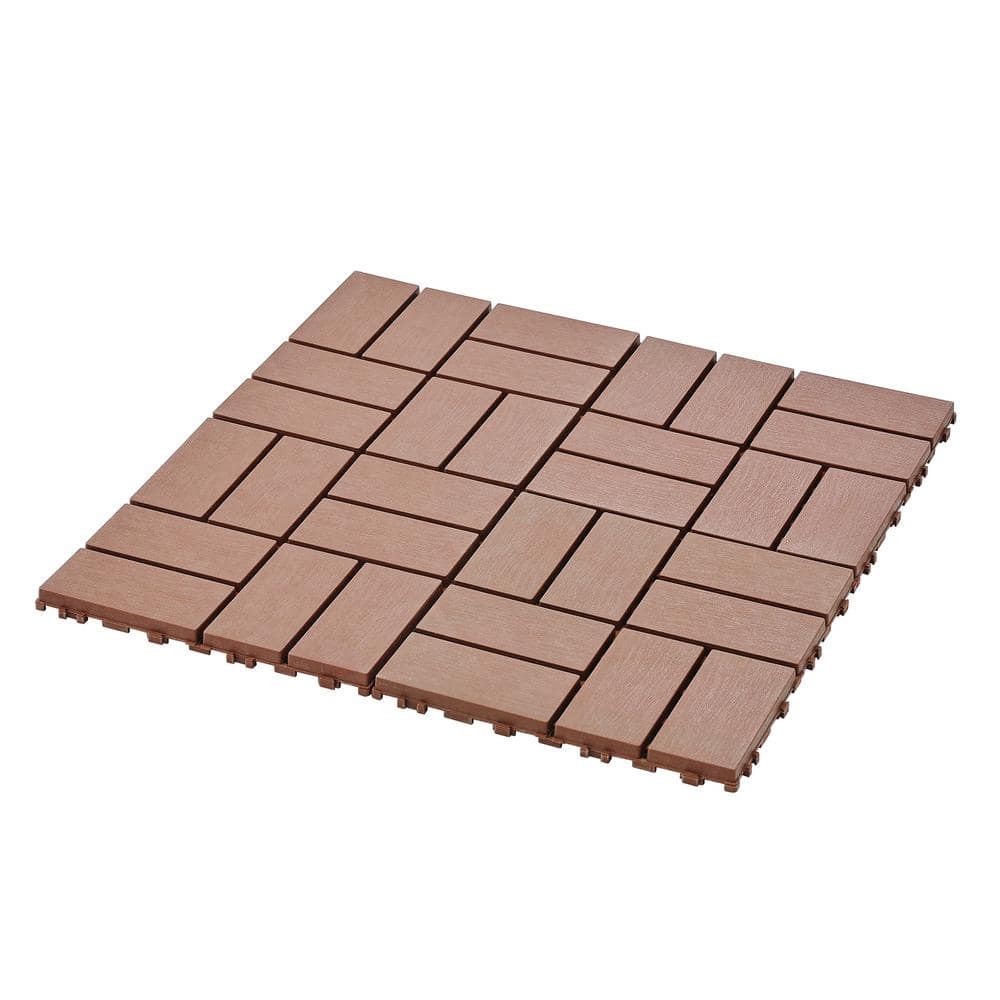GOGEXX 12 in.W x12 in.L Outdoor Pattern Square Plastic Drainage Interlocking Flooring Patio Deck Tiles(Pack of 44Tiles)in Brown