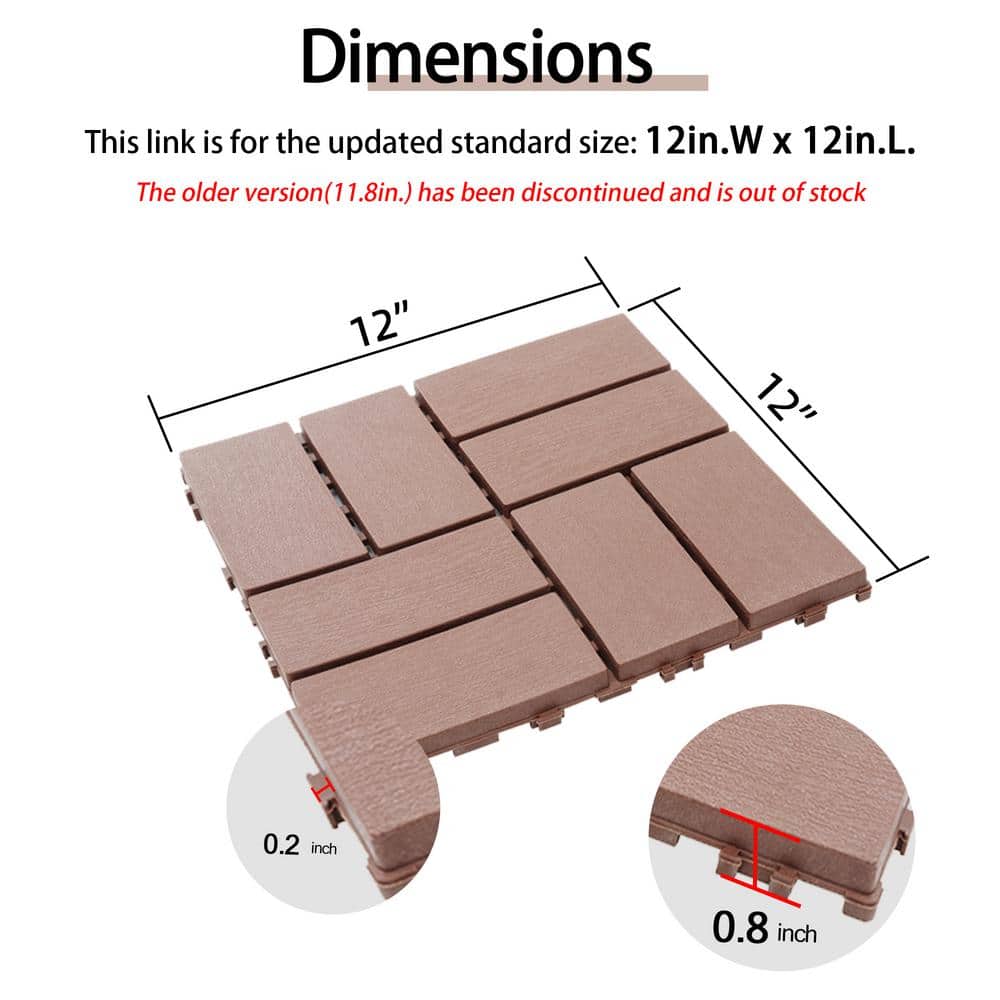 GOGEXX 12 in.W x12 in.L Outdoor Pattern Square Plastic Drainage Interlocking Flooring Patio Deck Tiles(Pack of 44Tiles)in Brown