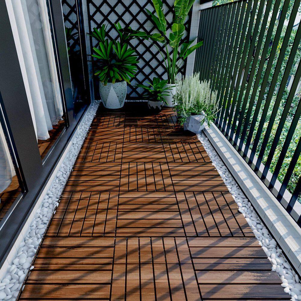 12 in. x 12 in. Square Acacia Wood Interlocking Flooring Tiles Striped Pattern Brown (10-Pack)