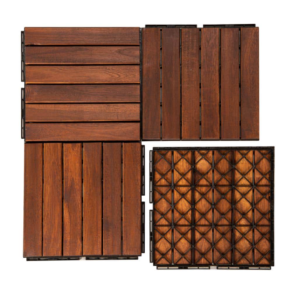 12 in. x 12 in. Square Acacia Wood Interlocking Flooring Tiles Striped Pattern Brown (10-Pack)