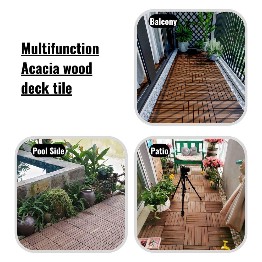 12 in. x 12 in. Square Acacia Wood Interlocking Flooring Tiles Striped Pattern Brown (10-Pack)