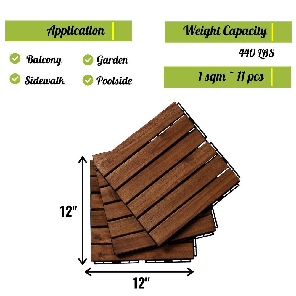 12 in. x 12 in. Square Acacia Wood Interlocking Flooring Tiles Striped Pattern Brown (10-Pack)