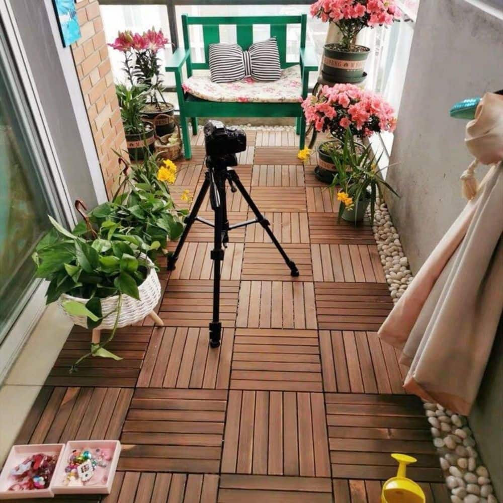 12 in. x 12 in. Square Acacia Wood Interlocking Flooring Tiles Striped Pattern Brown (10-Pack)