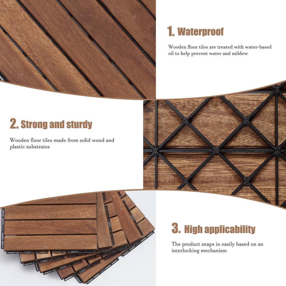 12 in. x 12 in. Striped Pattern Outdoor Acacia Wood Interlocking Deck Tiles in Brown (10-Pieces)