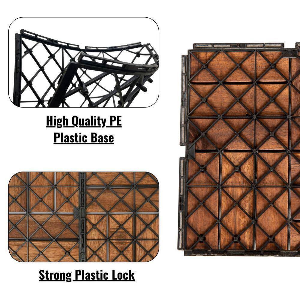 12 in. x 12 in. Outdoor Checker Square Wood Interlocking Waterproof Flooring Deck Tiles in Brown (Set of 20 Tiles)