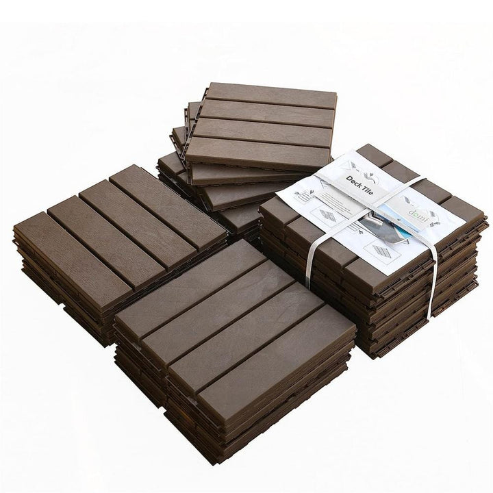 Patio Interlocking Deck Tiles, 12"x12" Square Composite Decking Tiles, Four Slat Plastic Tile(Dark Brown, Pack of 27)