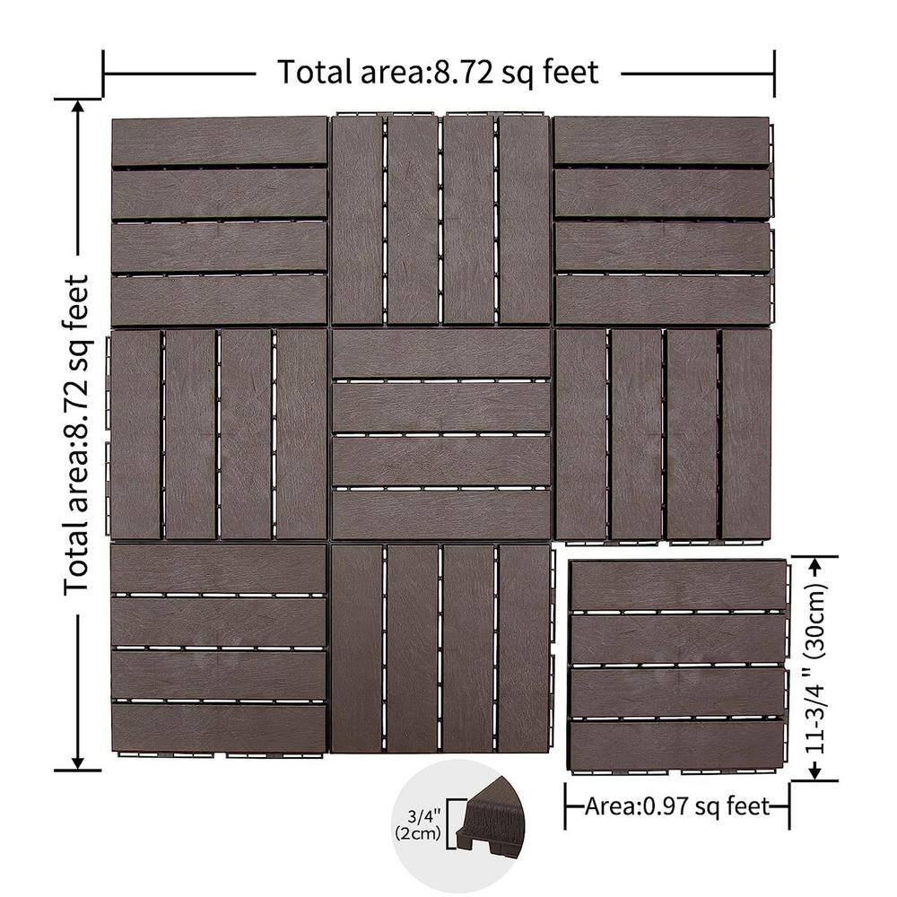 Patio Interlocking Deck Tiles, 12"x12" Square Composite Decking Tiles, Four Slat Plastic Tile(Dark Brown, Pack of 27)