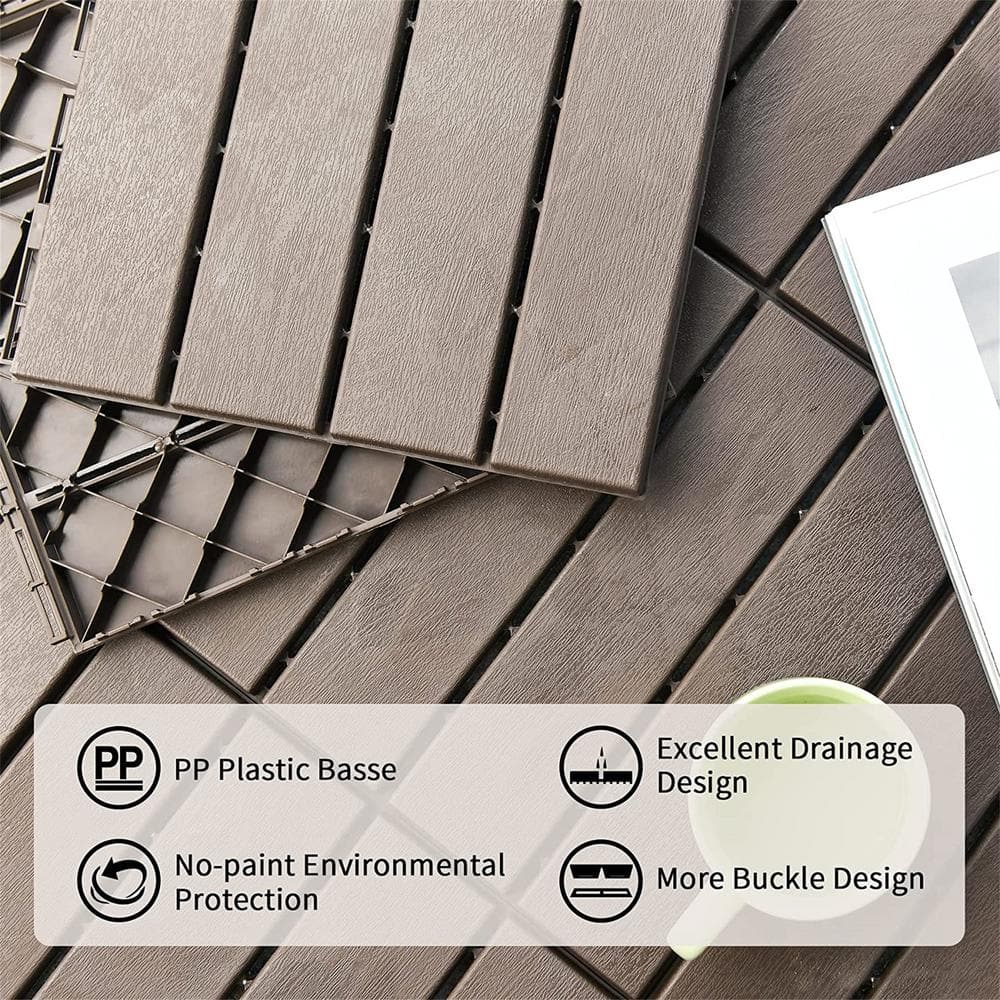 Patio Interlocking Deck Tiles, 12"x12" Square Composite Decking Tiles, Four Slat Plastic Outdoor Flooring Tile, Brown