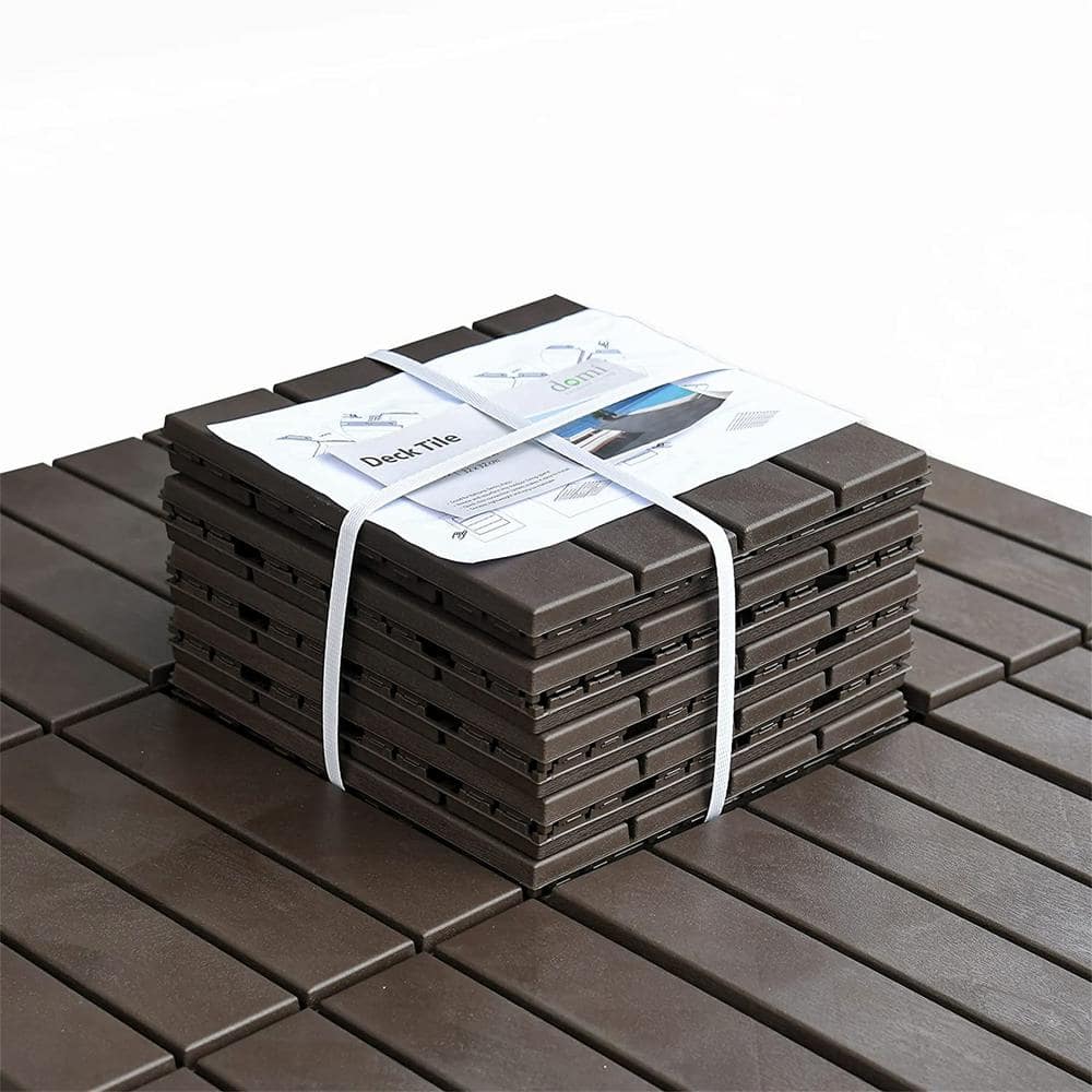 Patio Interlocking Deck Tiles, 12"x12" Square Composite Decking Tiles, Four Slat Plastic Outdoor Flooring Tile, Brown