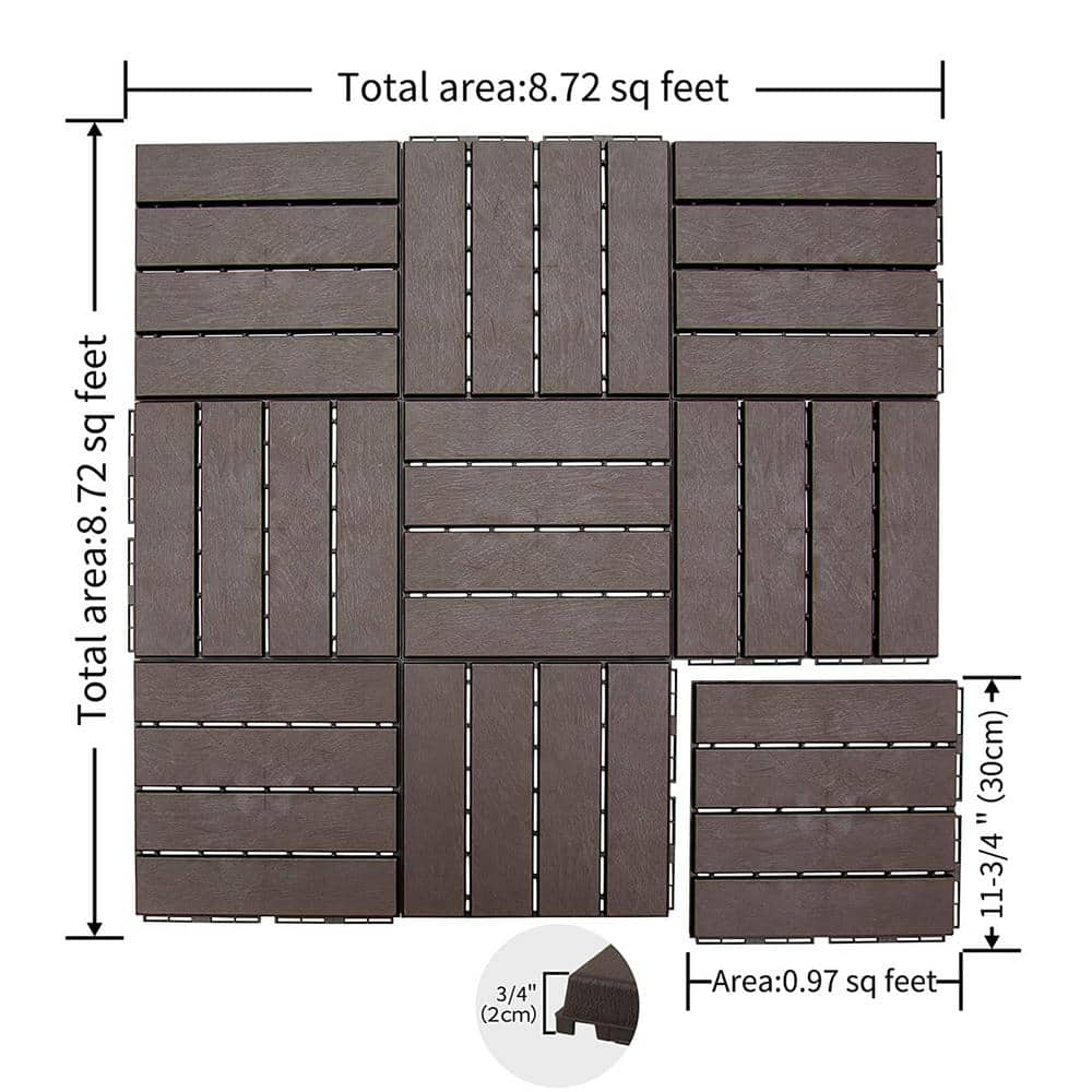 Patio Interlocking Deck Tiles, 12"x12" Square Composite Decking Tiles, Four Slat Plastic Outdoor Flooring Tile, Brown