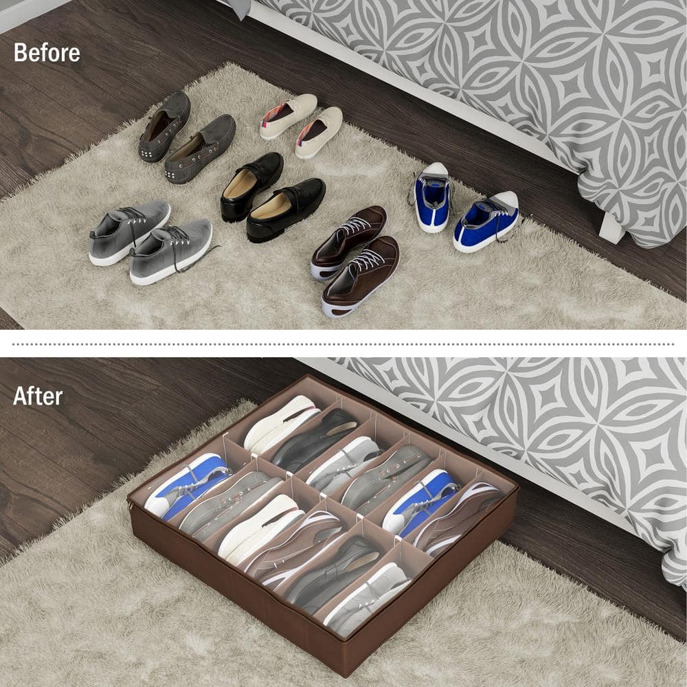 Everyday Home 27 in. x 24 in. 12-Pair Brown Fabric Underbed Shoe Storage