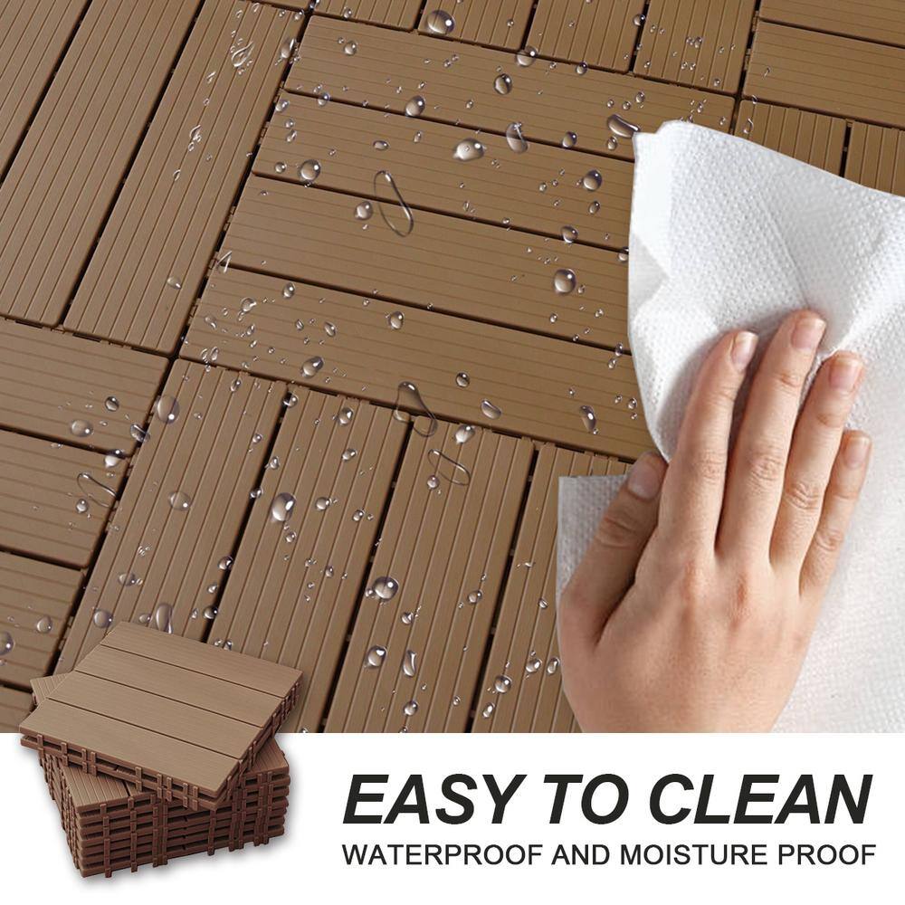 GOGEXX 12 in. W x 12 in. L Outdoor Stripe Plastic Composite Flooring Deck Tiles (35 Per Box), Brown