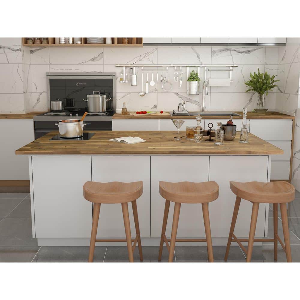 Interbuild 8 ft. L x 25.5 in. D, Acacia Butcher Block Standard Countertop in Brown with Square Edge