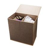 Brown Collapsible Canvas Laundry Hamper with 2 Compartments for Sorting or Folding Clothes