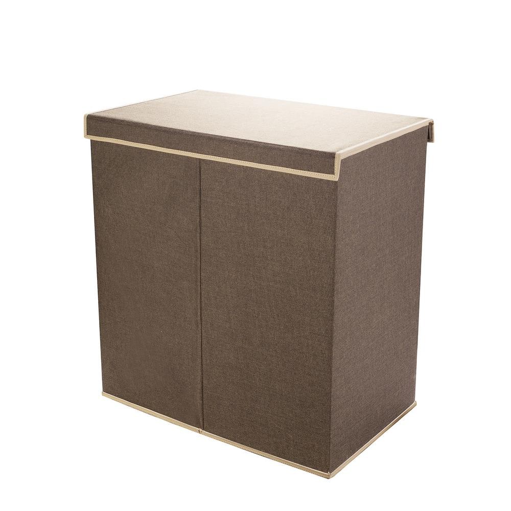 Brown Collapsible Canvas Laundry Hamper with 2 Compartments for Sorting or Folding Clothes