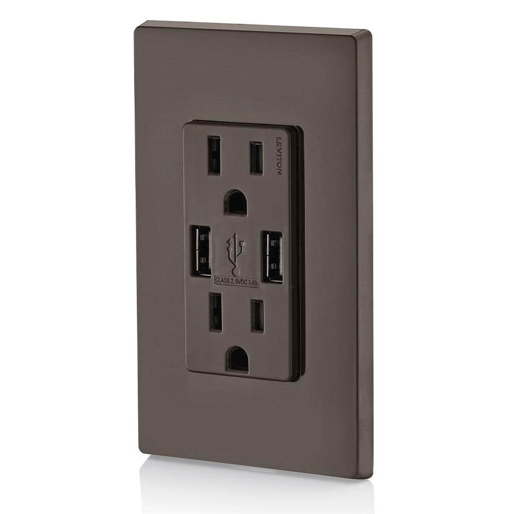 Leviton 3.6A USB Dual Type A In-Wall Charger with 15 Amp Tamper-Resistant Outlets, Brown