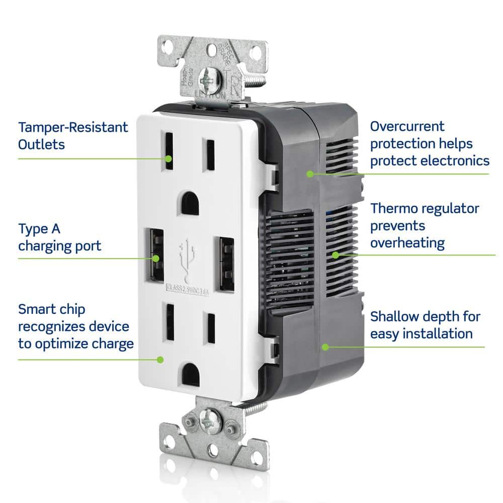 Leviton 3.6A USB Dual Type A In-Wall Charger with 15 Amp Tamper-Resistant Outlets, Brown