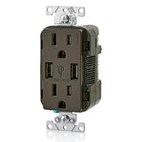 Leviton 3.6A USB Dual Type A In-Wall Charger with 15 Amp Tamper-Resistant Outlets, Brown