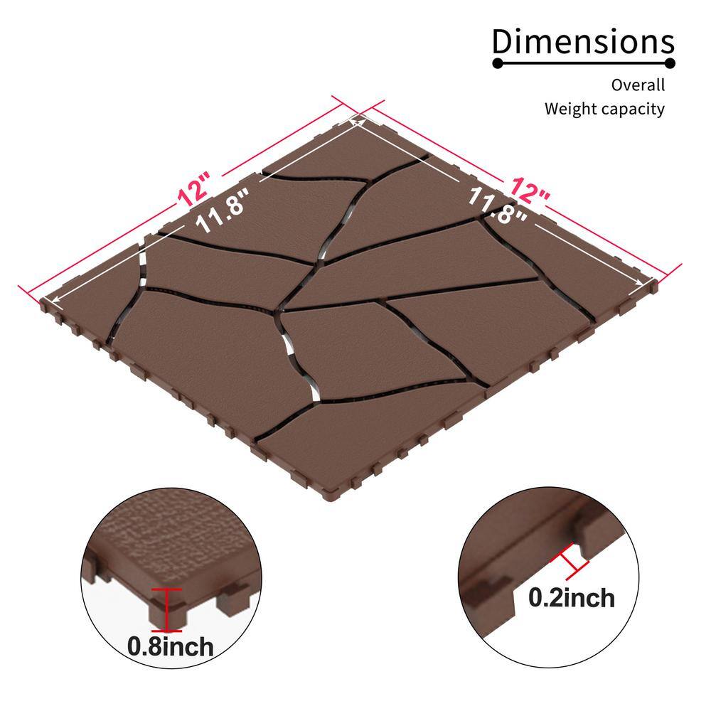 GOGEXX 12 in. W x 12 in. L Outdoor Imitation Stone Texture Plastic Interlocking Flooring Deck Tiles (Pack of 44 Tiles) in Brown