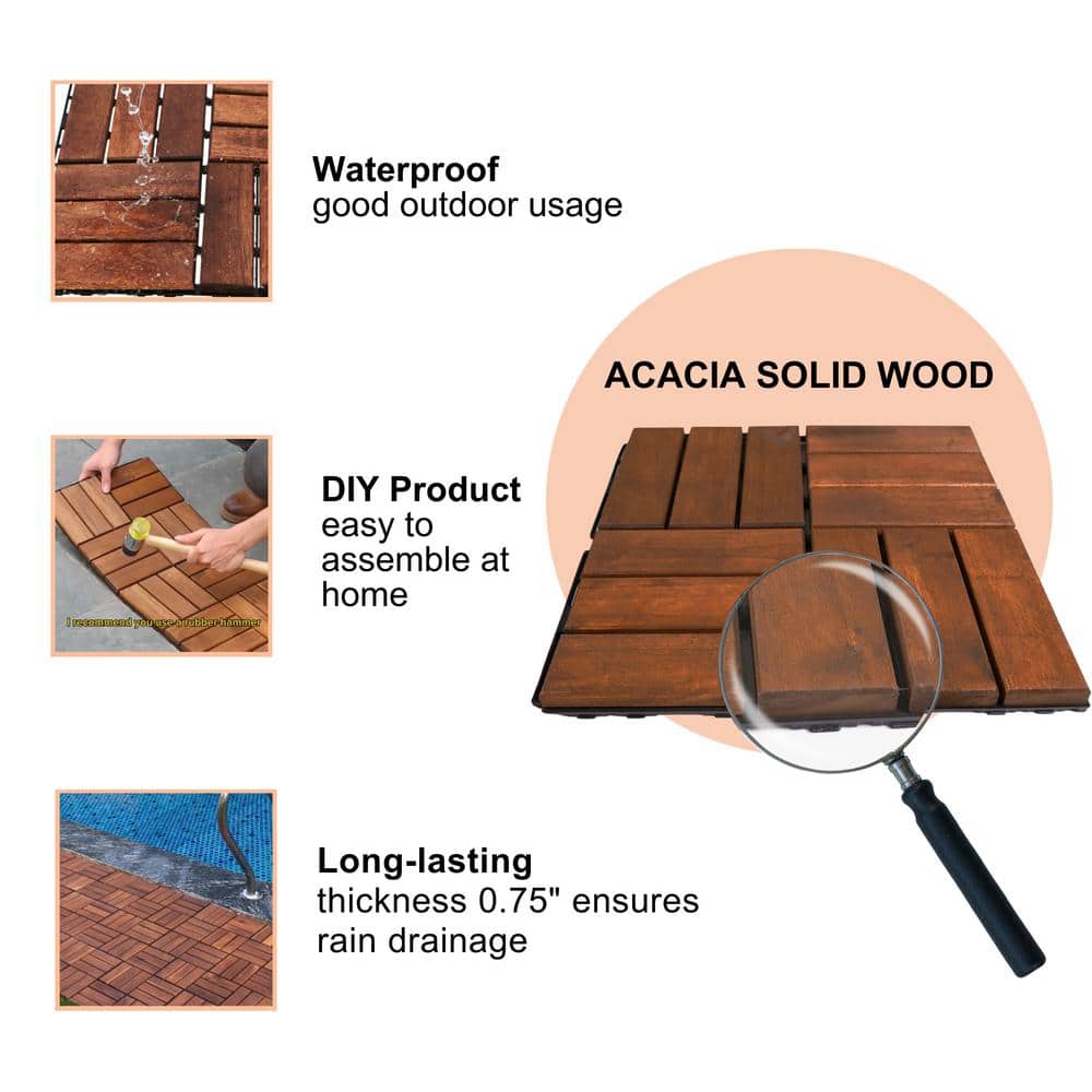 cadeninc 12 in. x 0.74 in. Brown Square Acacia Hardwood Outdoor Flooring for Patio, Bancony, Pool Side (10 sq. ft.) (10-pack)