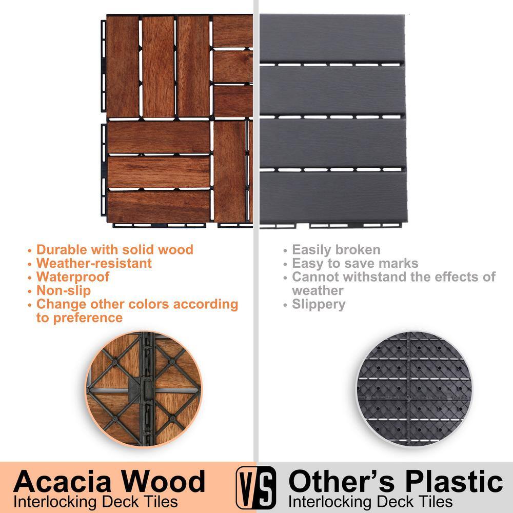 cadeninc 12 in. x 0.74 in. Brown Square Acacia Hardwood Outdoor Flooring for Patio, Bancony, Pool Side (10 sq. ft.) (10-pack)