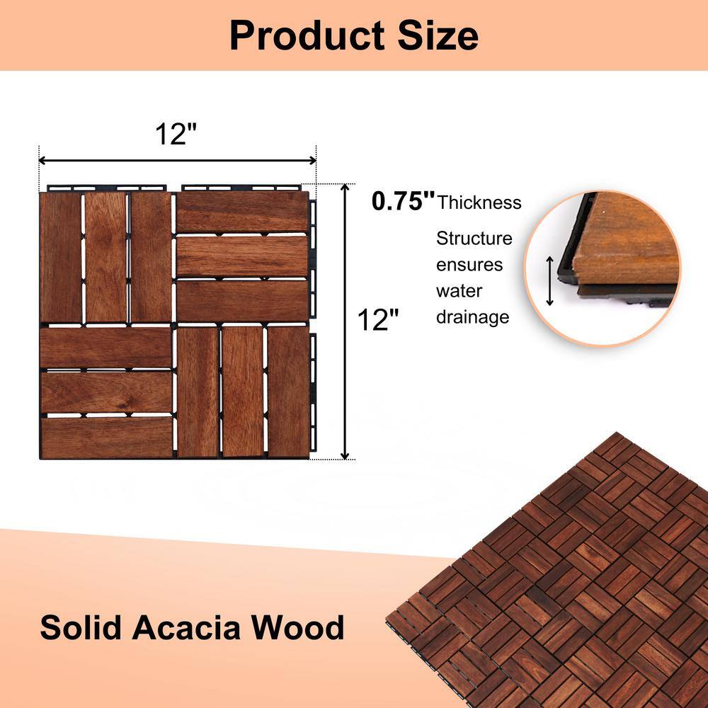 cadeninc 12 in. x 0.74 in. Brown Square Acacia Hardwood Outdoor Flooring for Patio, Bancony, Pool Side (10 sq. ft.) (10-pack)